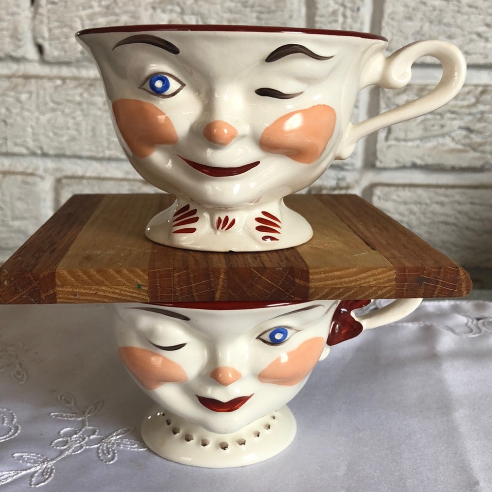 His and Hers Staffordshire England Whimsical Face Winking Lady and Man Tea Cups